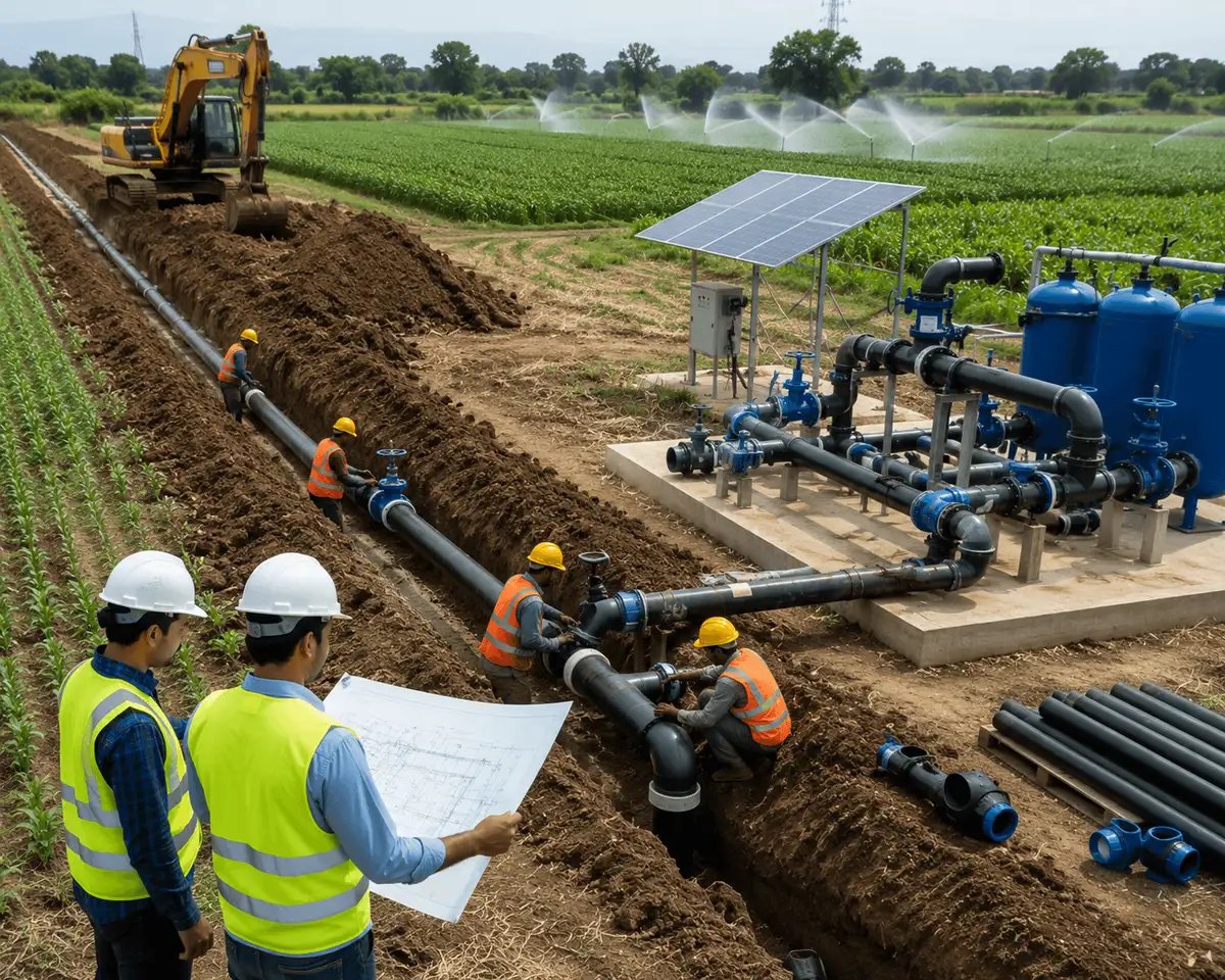 Engineers installing underground irrigation pipelines and water distribution infrastructure for large-scale agricultural irrigation projects.
